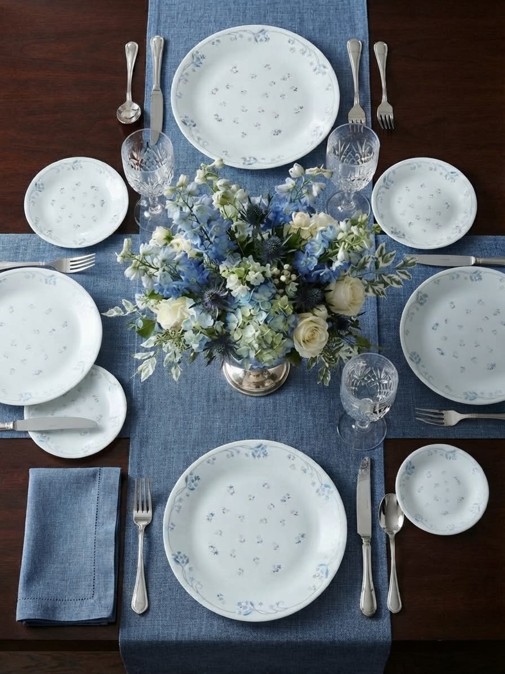 Corelle Blue Provential Dinnerware Set with Soft Blue Floral Pattern